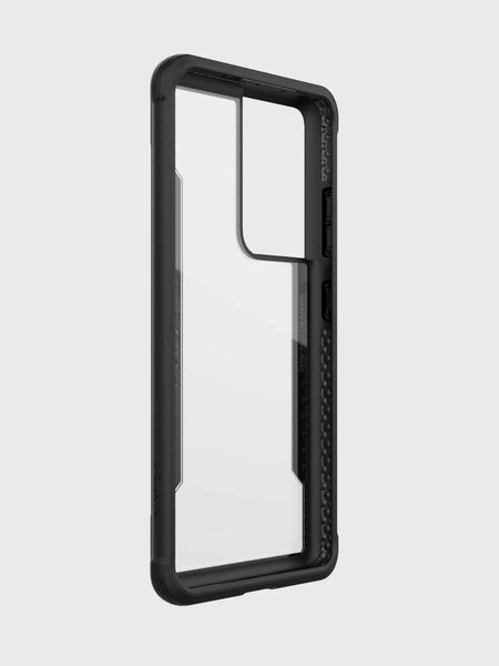 The Samsung Galaxy S21 Ultra Case Raptic Shield Black by X-Doria is shown on a white background, offering drop protection.