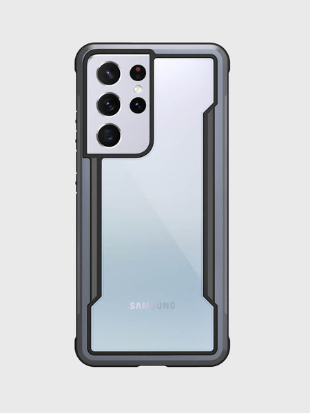 A Samsung Galaxy S21 Ultra Case Raptic Shield Black designed for the Samsung Galaxy S20, offering drop protection and featuring a camera on the back by X-Doria.