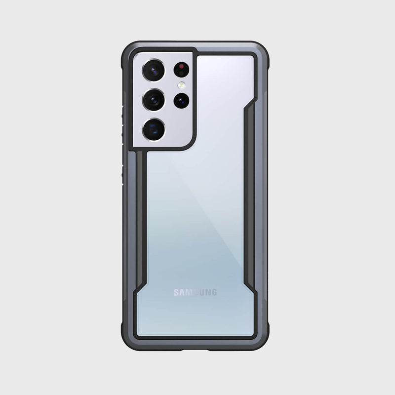 A Samsung Galaxy S21 Ultra Case Raptic Shield Black designed for the Samsung Galaxy S20, offering drop protection and featuring a camera on the back by X-Doria.