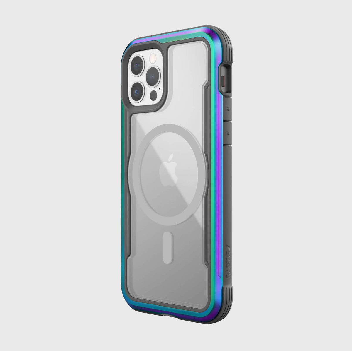 The iPhone 12 Pro Max Case - SHIELD PRO MAGNET by Raptic is shown in blue and silver, compatible with MagSafe chargers for a 15W charging rate.