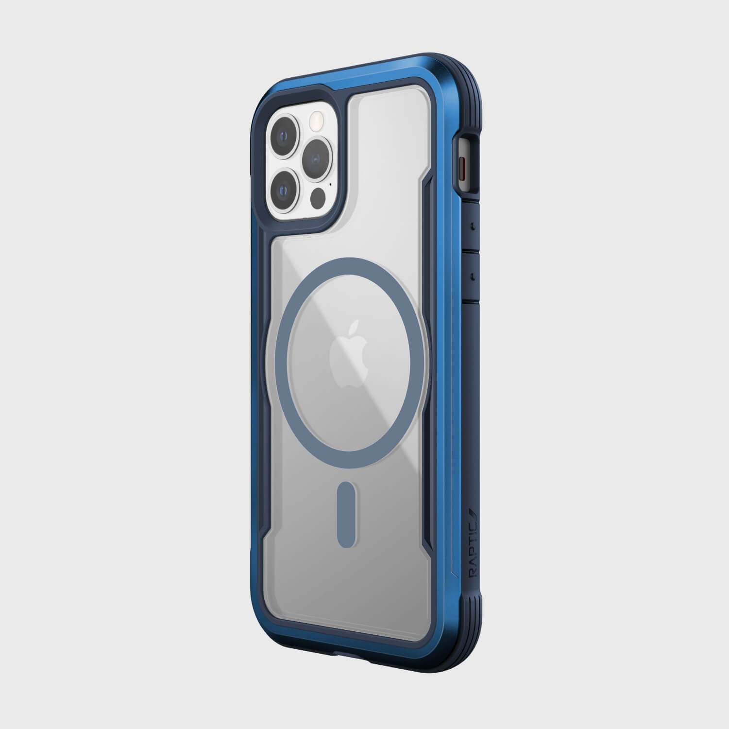 The iPhone 12 Pro Max case - SHIELD PRO MAGNET, compatible with MagSafe chargers, is shown in blue. (Brand: Raptic)