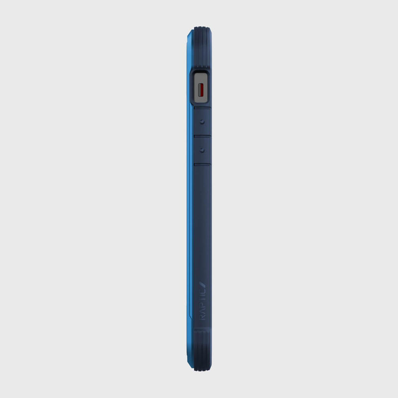 The Raptic SHIELD PRO MAGNET case for iPhone 12 & iPhone 12 Pro showcases a side view design with blue and black accents, including a red power button and two volume buttons. It's MagSafe compatible and offers added drop protection for durability.