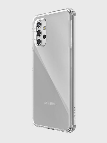 Samsung Galaxy A32 5G Case Raptic Clear by X-Doria shown on a Samsung smartphone, featuring military-grade drop protection in a transparent design that displays the camera array and Samsung logo against a plain light background.