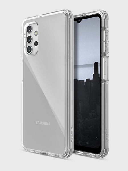 Showcasing the X-Doria Samsung Galaxy A32 5G Case Raptic Clear, this transparent case offers military-grade drop protection while highlighting both the vivid front display with a cityscape image and the crystal-clear back of your Samsung Galaxy A32.