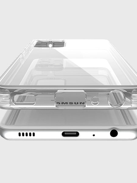 The X-Doria Samsung Galaxy A32 5G Case Raptic Clear features a transparent design on a Samsung smartphone, highlighting its precise cutouts for the camera, charging port, and buttons against a plain light background. This case blends sleek clarity with military-grade drop protection for reliable everyday use.