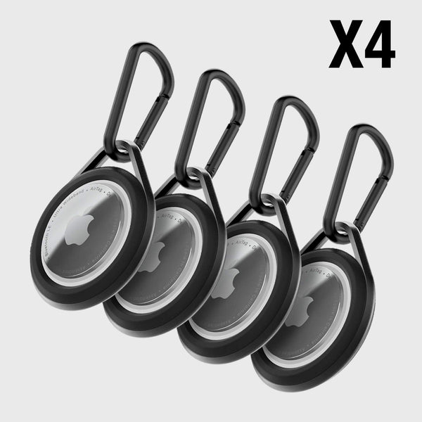 A set of four black carabiners for the Apple AirTag Case - LINK, on a white background. (by Raptic)