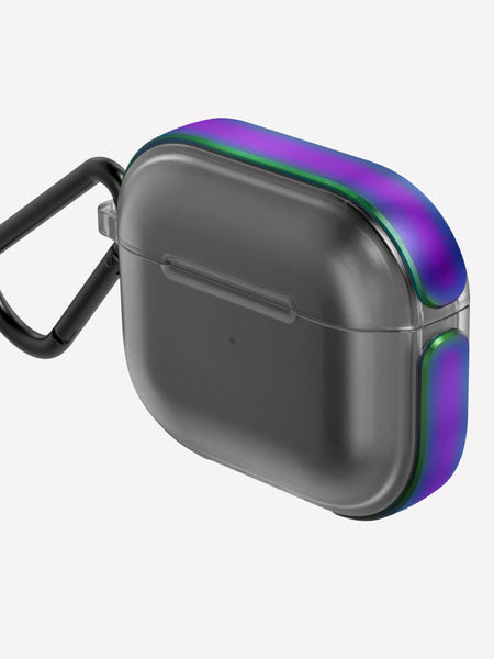 The Raptic Strong Apple Airpods 3 Case in black features purple and green trim, includes a detachable carabiner, and supports wireless charging.
