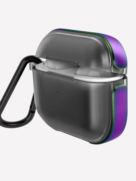 The Raptic Strong Apple AirPods 3 Case - AIR is transparent with a purple to green gradient edge and includes a detachable side carabiner clip. It also supports wireless charging.