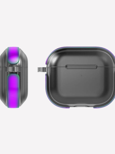 The Raptic Strong Apple Airpods 3 Case - AIR is a black case with purple highlights, featuring a detachable carabiner and wireless charging compatibility, shown from the side and top against a white background.