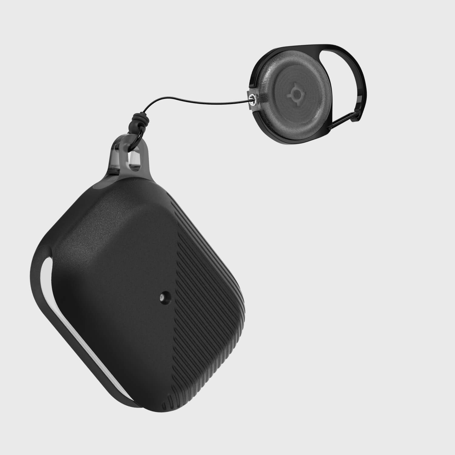 A black Raptic device with an Apple AirPods Pro Case - RADIUS attached to it for protection.