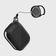 A black Raptic device with an Apple AirPods Pro Case - RADIUS attached to it for protection.
