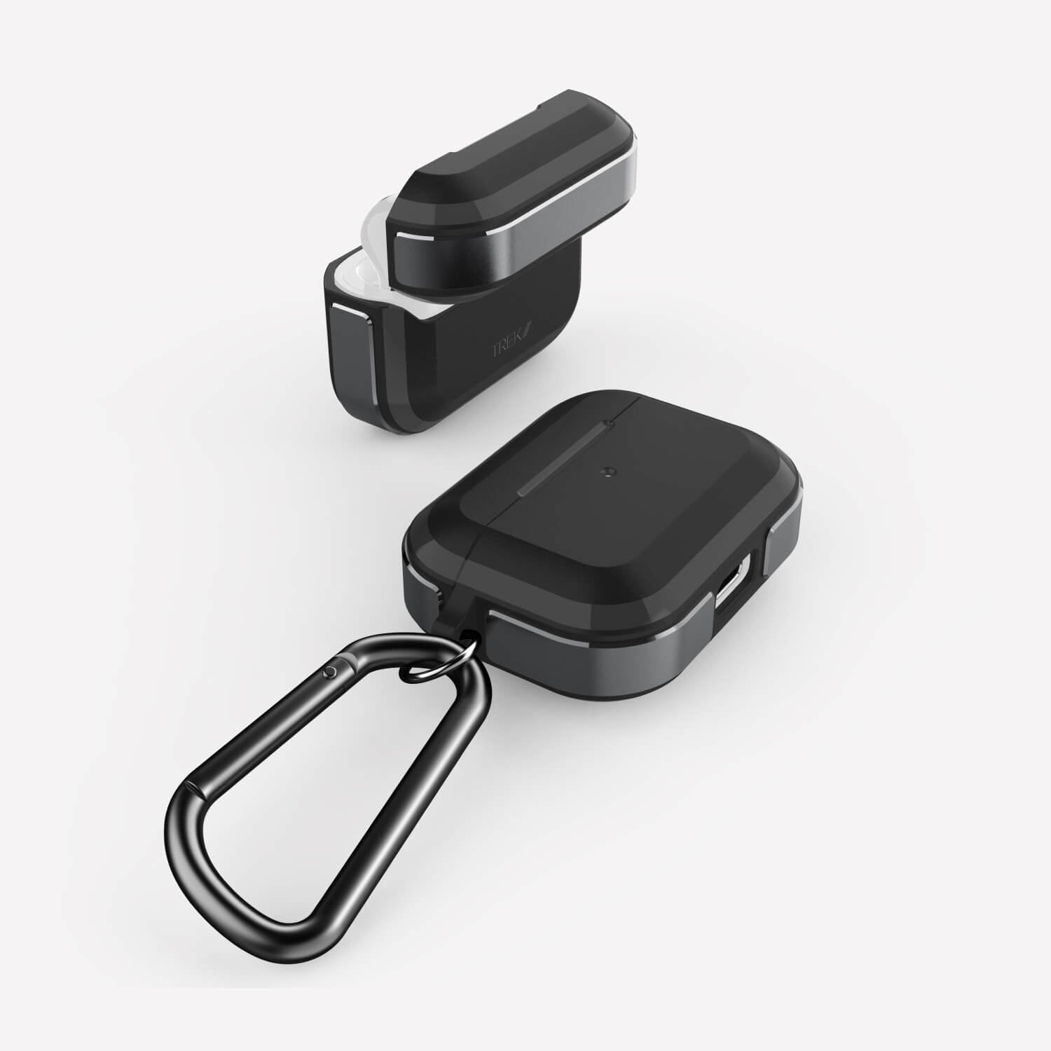 Raptic AirPods Pro Case - TREK: A pair of wireless earphones with a carabiner attached to them for easy portability and charging.