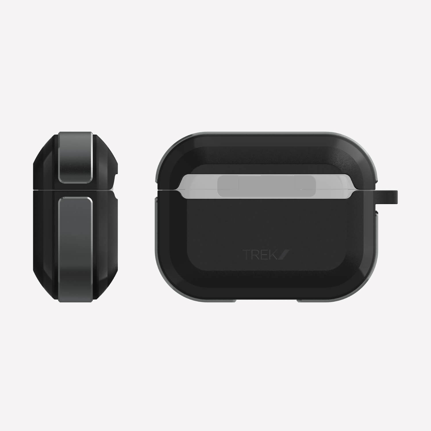 A pair of black TREK AirPods with a black Raptic case featuring wireless charging.