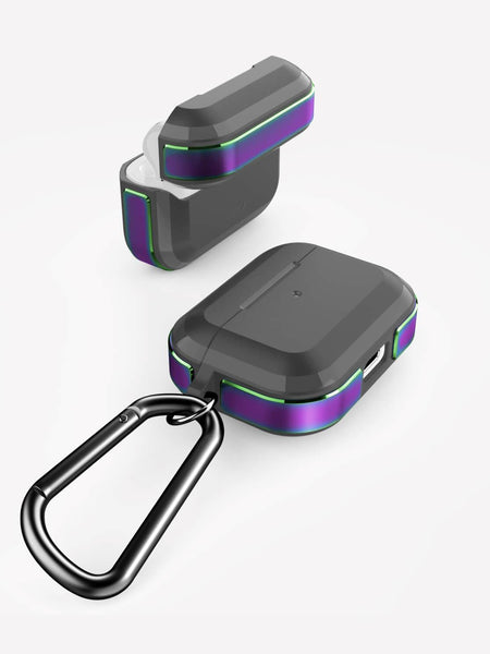 A pair of purple and wireless charging Raptic earphones with a carabiner.