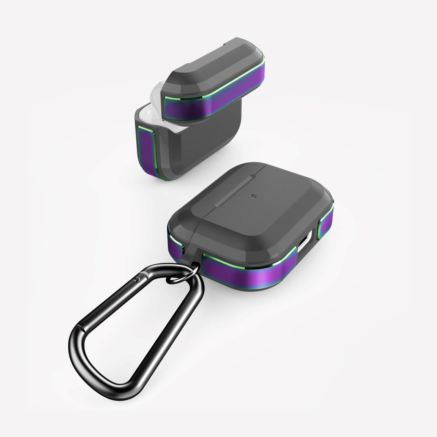 A pair of purple and wireless charging Raptic earphones with a carabiner.