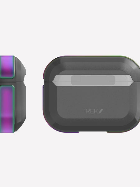 A pair of Raptic TREK wireless charging cases with a purple and black Apple AirPods Pro case.