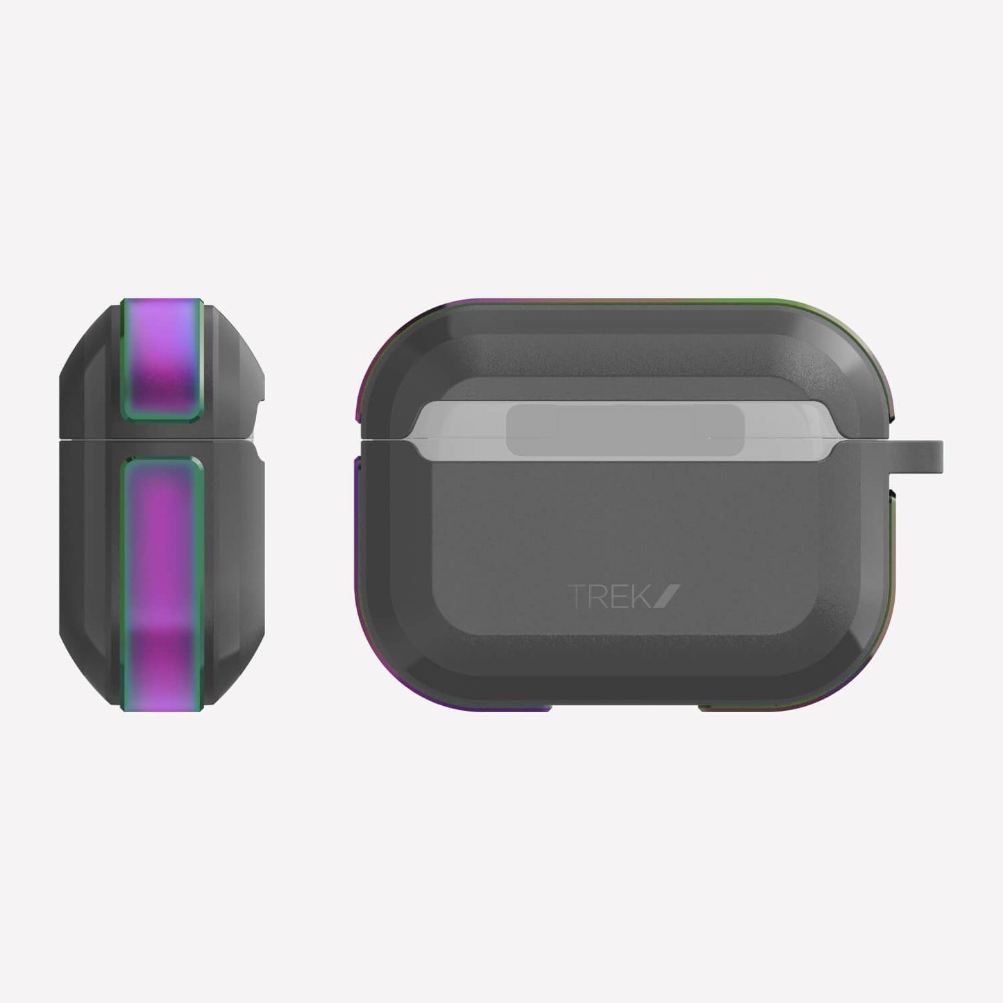 A pair of Raptic TREK wireless charging cases with a purple and black Apple AirPods Pro case.