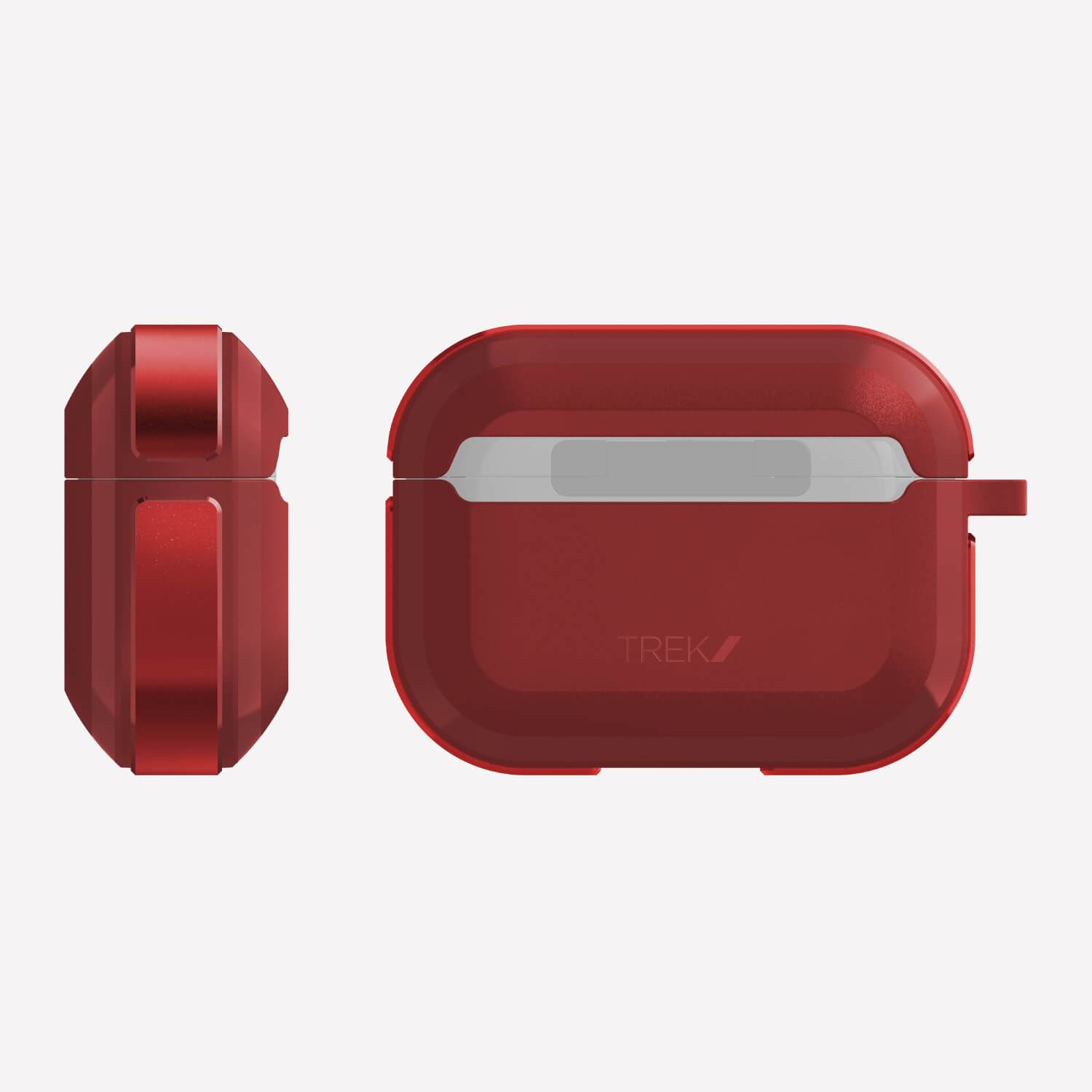 A red Raptic TREK case for the Apple AirPods Pro, featuring wireless charging capability.