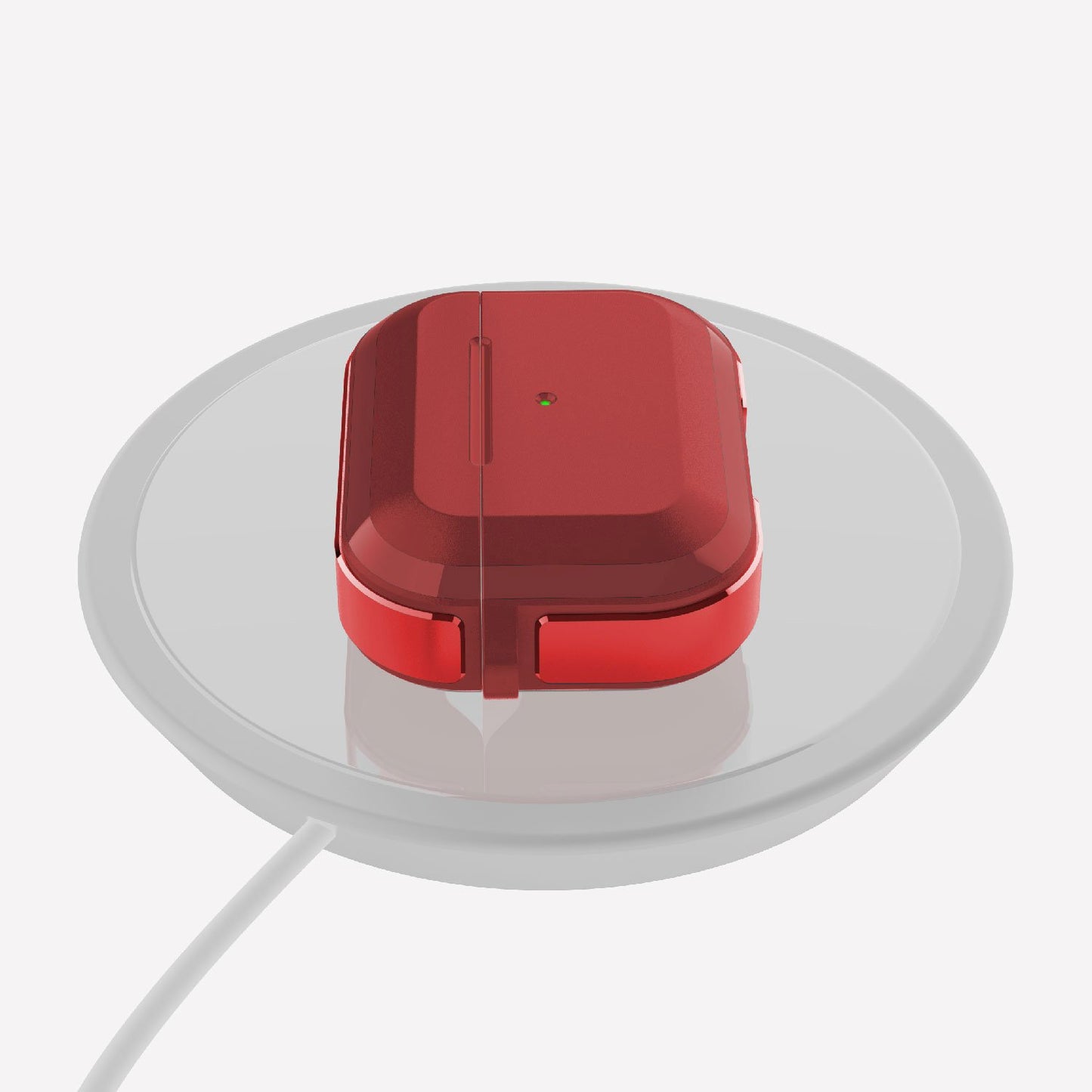 A red wireless charging TREK Apple AirPods Pro case on a white surface.