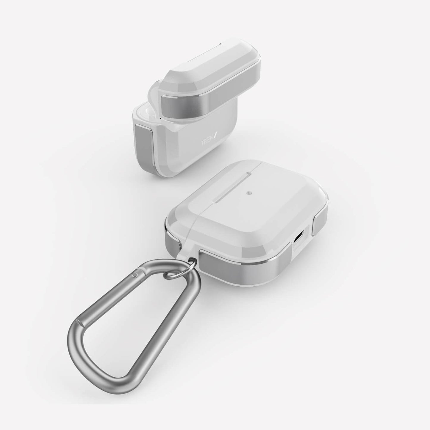 A pair of Raptic Apple AirPods Pro case with wireless charging capabilities and a carabiner attached for easy portability.