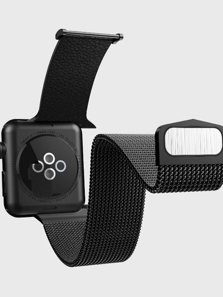 An Apple Watch with a Raptic black stainless steel mesh band.