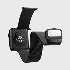 An Apple Watch with a Raptic black stainless steel mesh band.