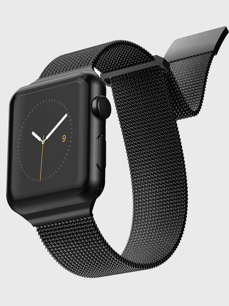 An Apple Watch with a Raptic stainless steel black mesh band.