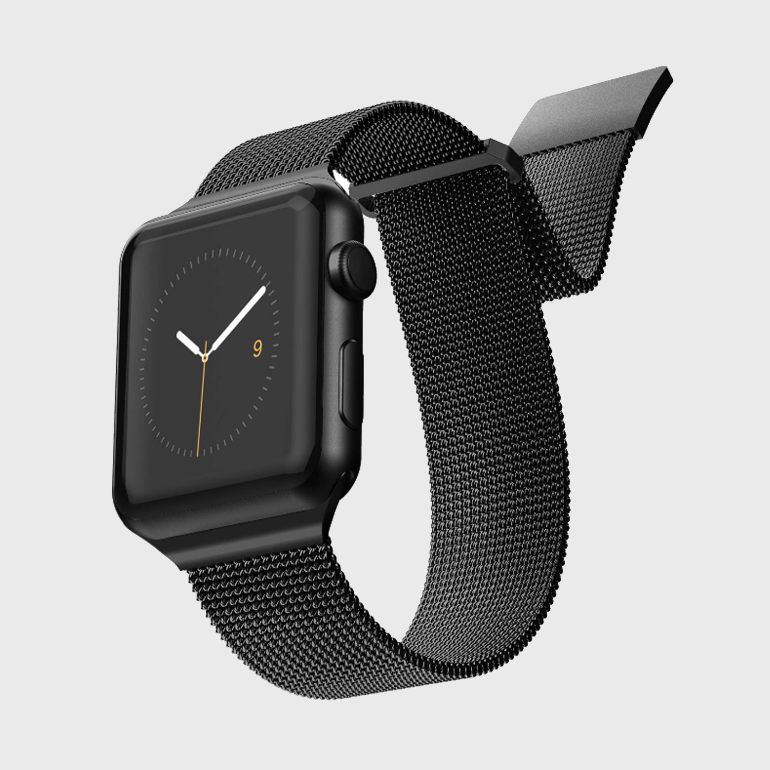 An Apple Watch with a Raptic stainless steel black mesh band.