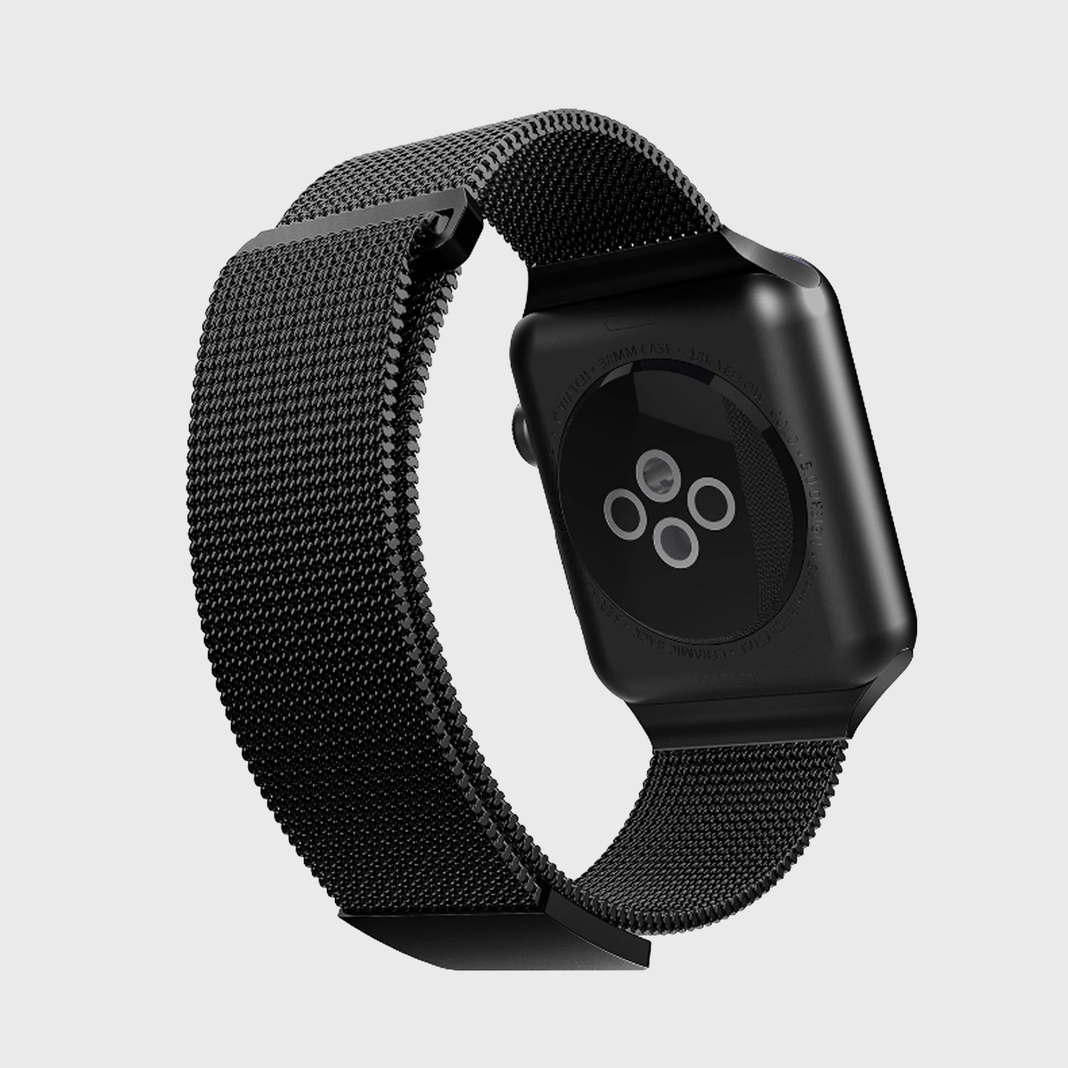 A sleek Raptic Apple Watch featuring a black MESH BAND made of stainless steel.