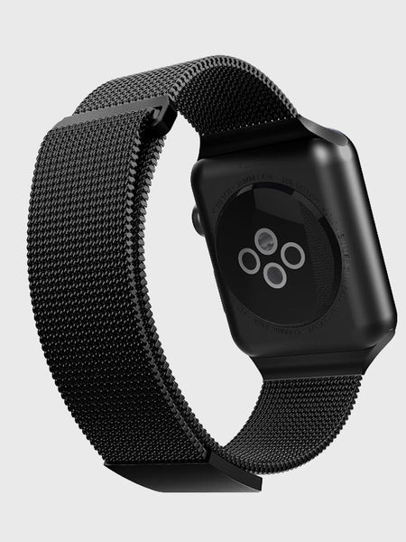 An Raptic Apple Watch 42/44/45mm Band - MESH BAND with a black leather band.