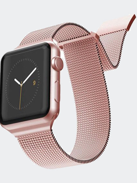 An Raptic Apple Watch with a rose gold stainless steel band.