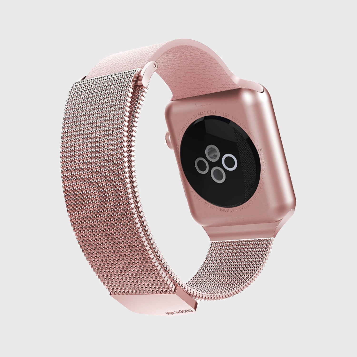 An Apple Watch with a Raptic rose gold stainless steel mesh band.