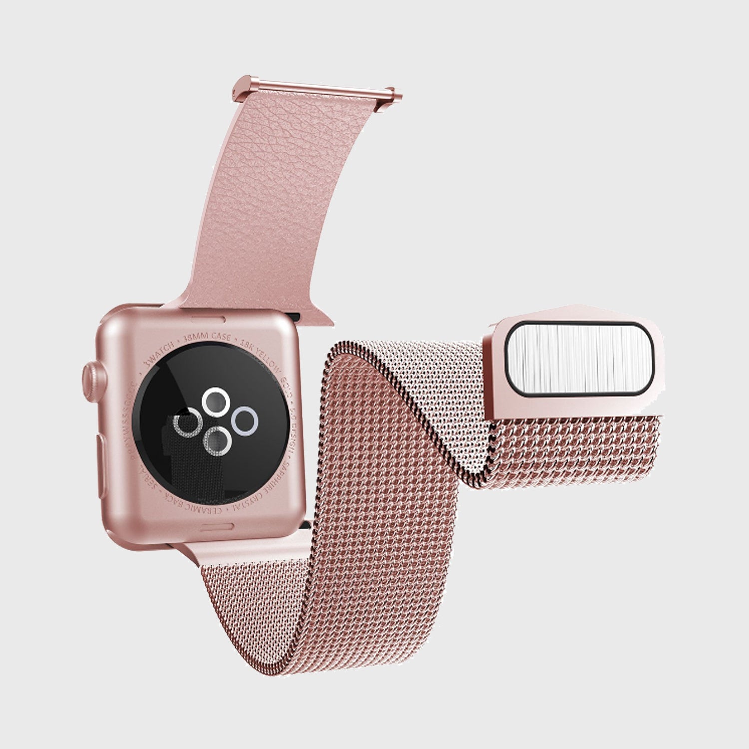 A rose gold Raptic Apple Watch with a stainless steel mesh band.