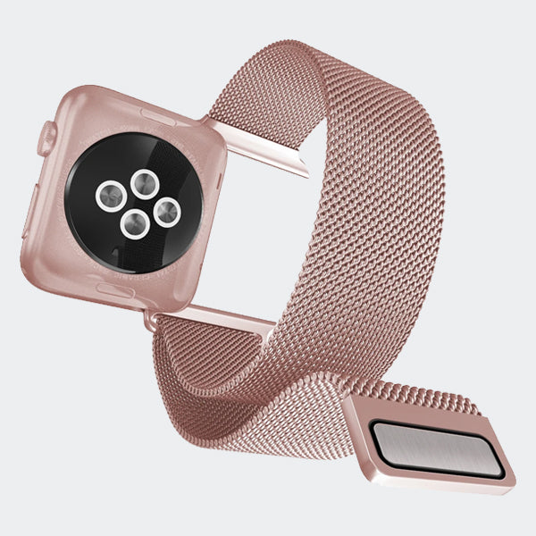 A stainless steel Raptic Apple Watch with a rose gold mesh band.