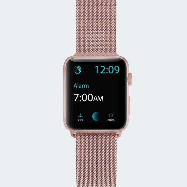 A Raptic Apple Watch with a rose gold mesh band and stainless steel casing.