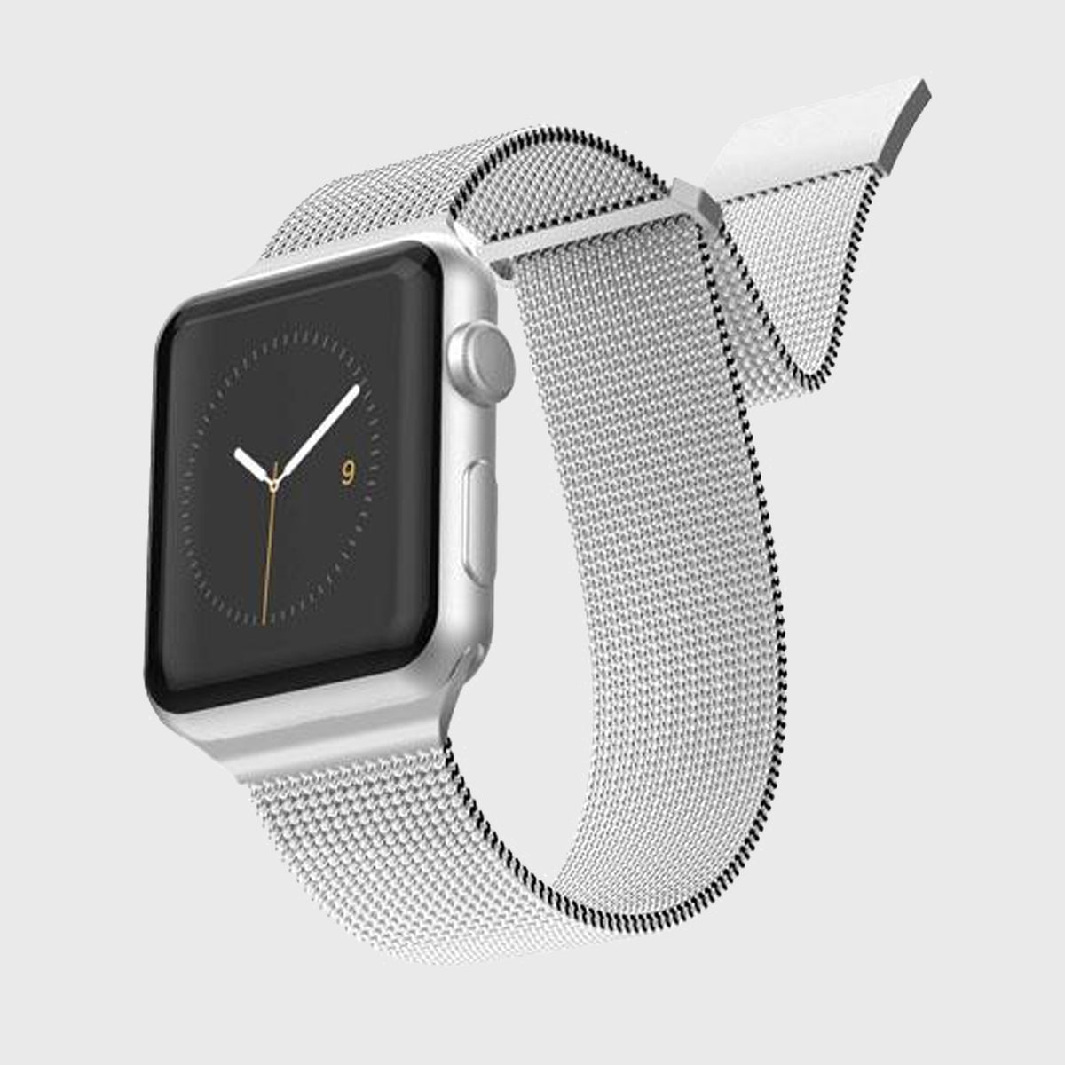 A stainless steel Raptic Apple Watch with a Mesh Band strap.
