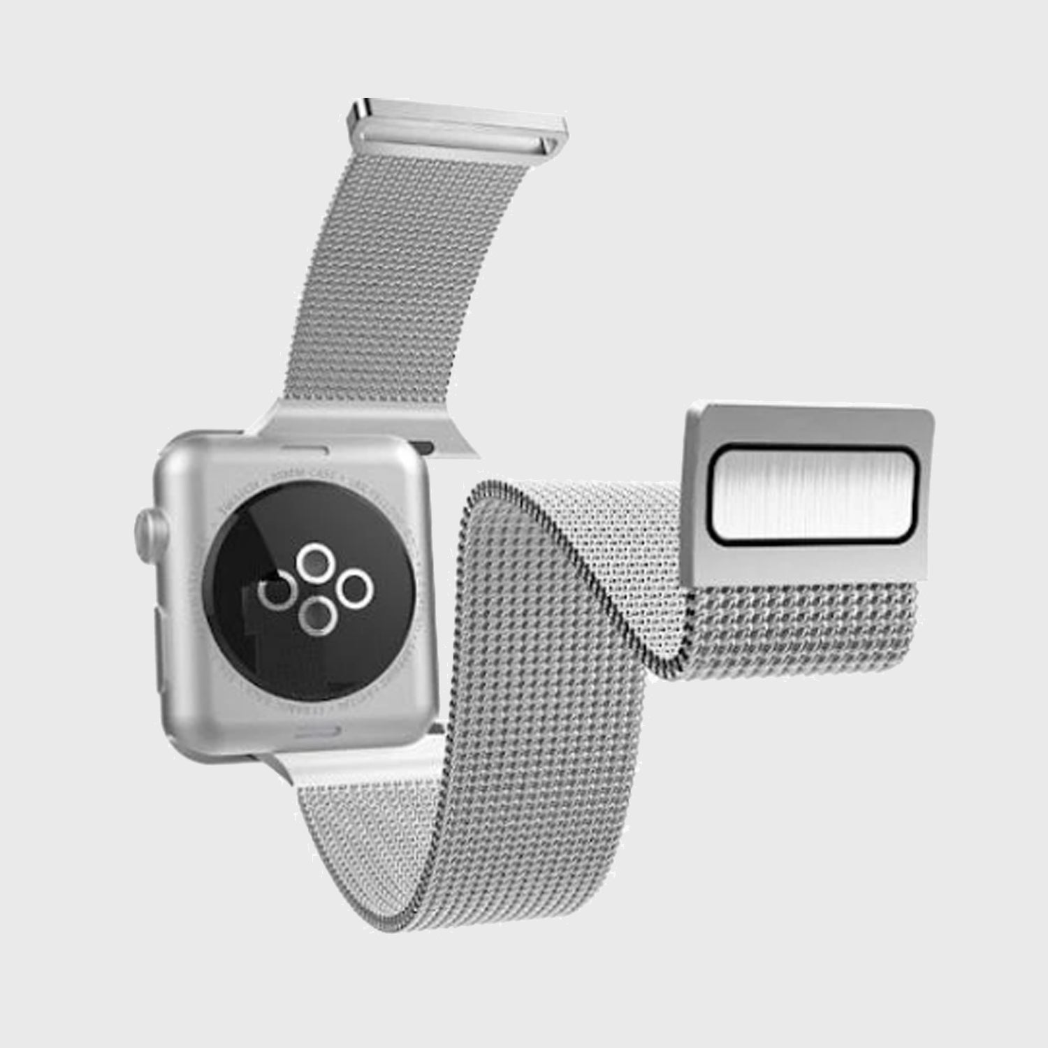 An Raptic Apple Watch 42/44/45mm Band - MESH BAND with a silver stainless steel mesh band.