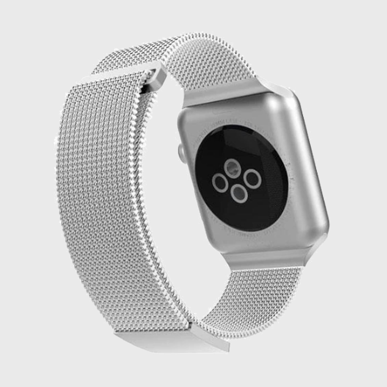 A Raptic stainless steel mesh band for an Apple Watch on a white background.