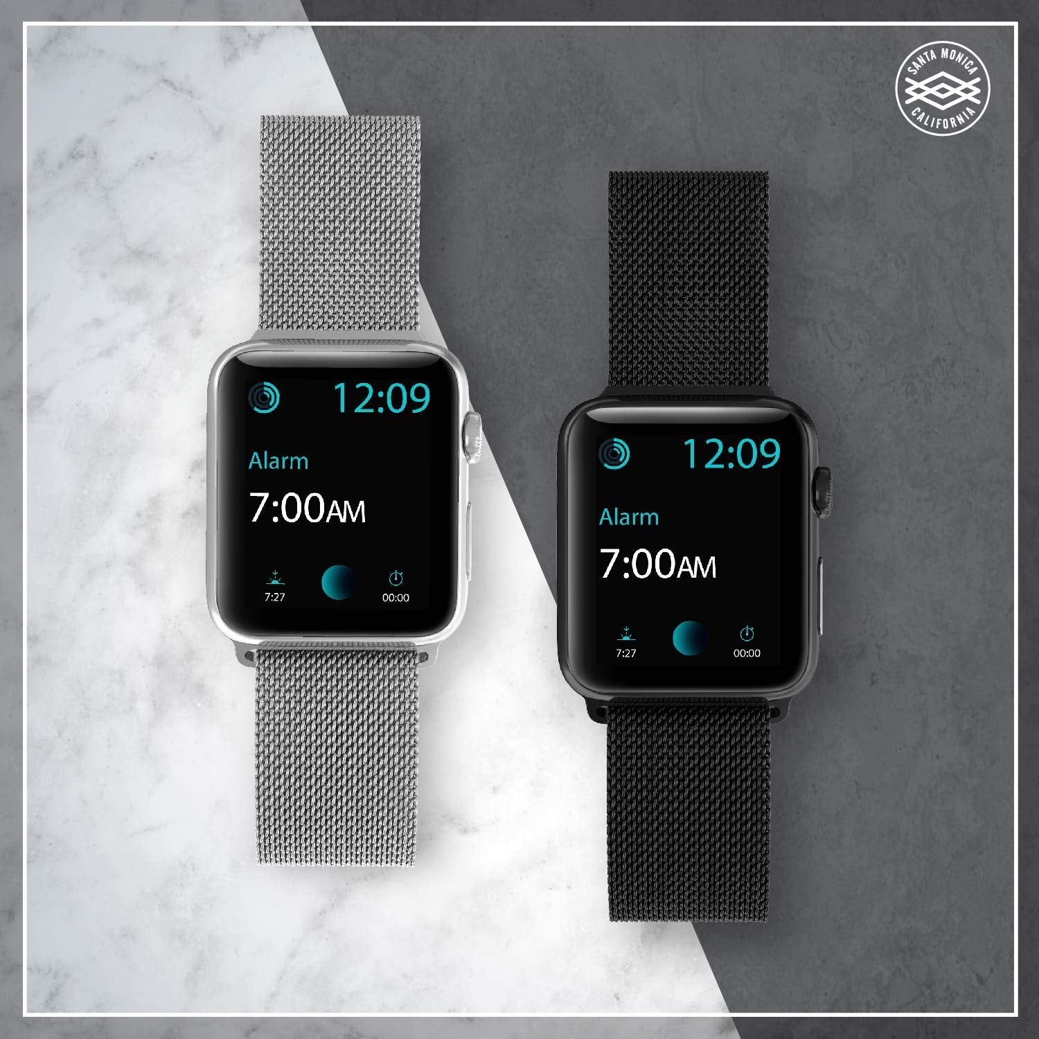 Two Raptic Apple Watch 42/44/45mm Band - MESH BAND with stainless steel cases are shown on a marble surface.