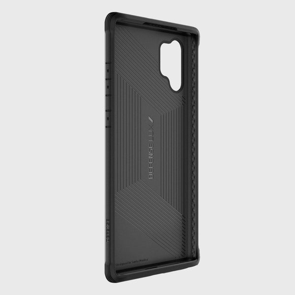 The Raptic Samsung Galaxy Note 10+ Case in Lux Black Carbon features military-grade drop protection, textured geometric patterns, precise cutouts for camera and buttons, and a durable machined aluminum bumper. Displayed against a plain white backdrop.