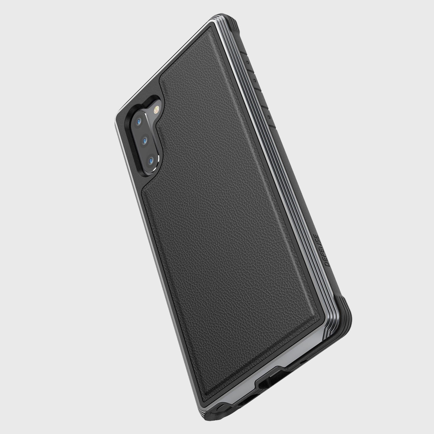 The X-Doria Samsung Galaxy Note 10+ Case - Lux Black Leather is shown on a white background. It offers drop protection and is wireless charging compatible.