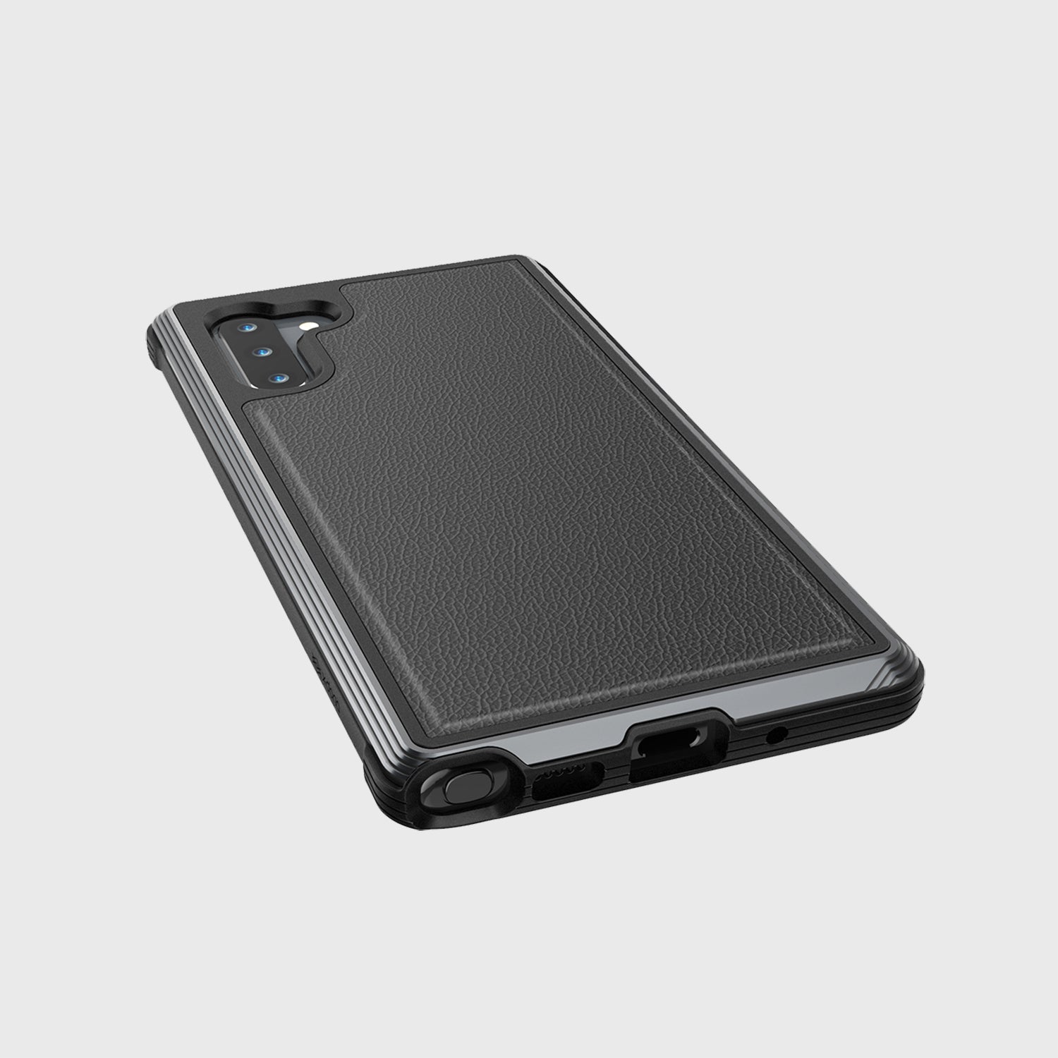 The back of a black X-Doria Samsung Galaxy Note 10+ Case - Lux Black Leather that offers drop protection and is wireless charging compatible.