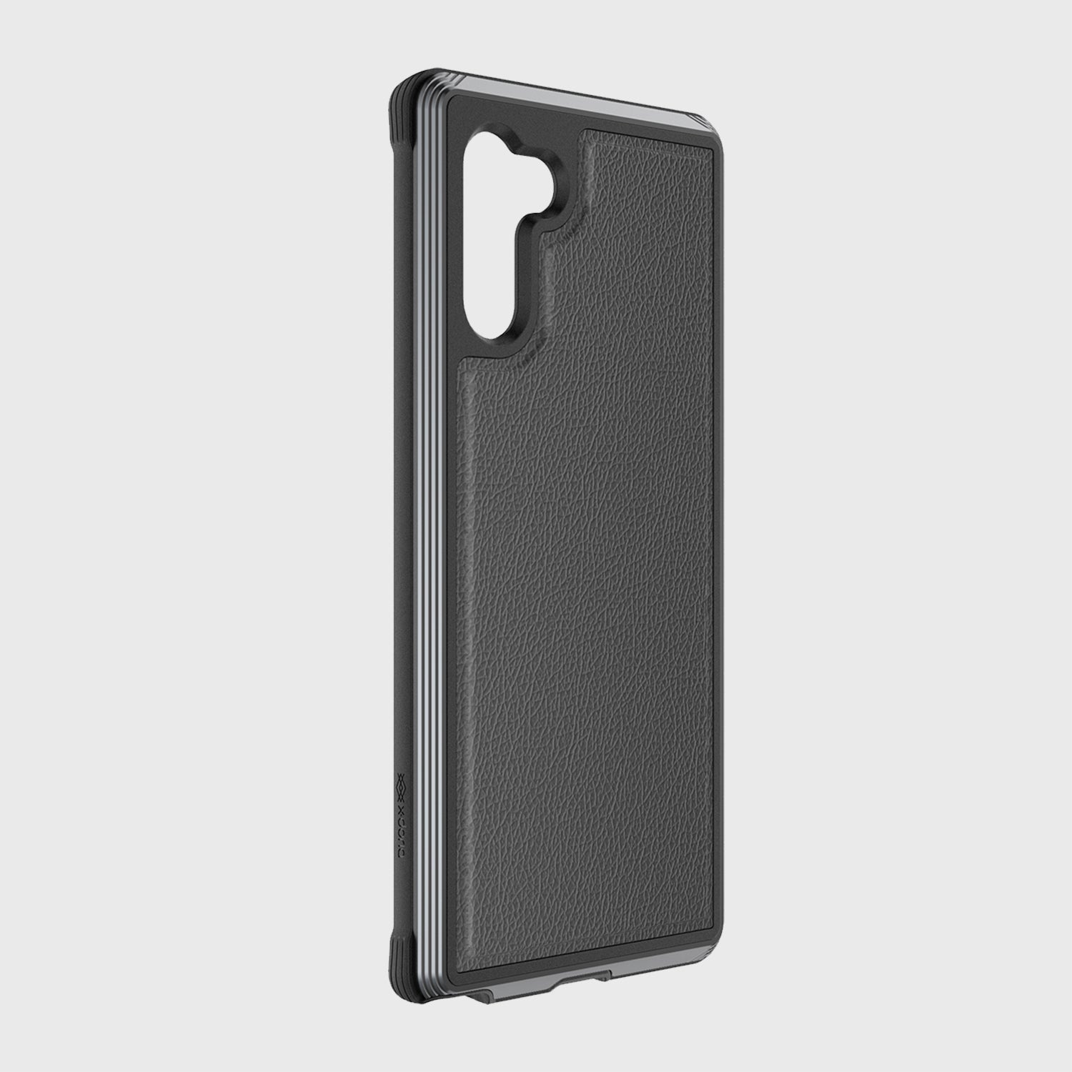 A black X-Doria Samsung Galaxy Note 10+ Case - Lux Black Leather on a white background providing wireless charging compatibility.