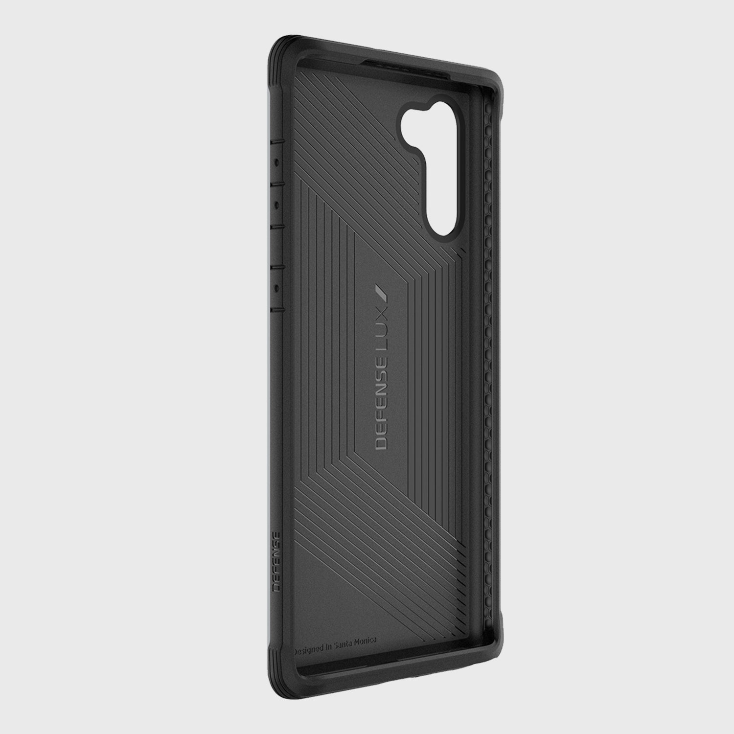 The back view of a black X-Doria Lux Black Leather case for the Samsung Galaxy Note 10+ with drop protection and wireless charging compatibility.