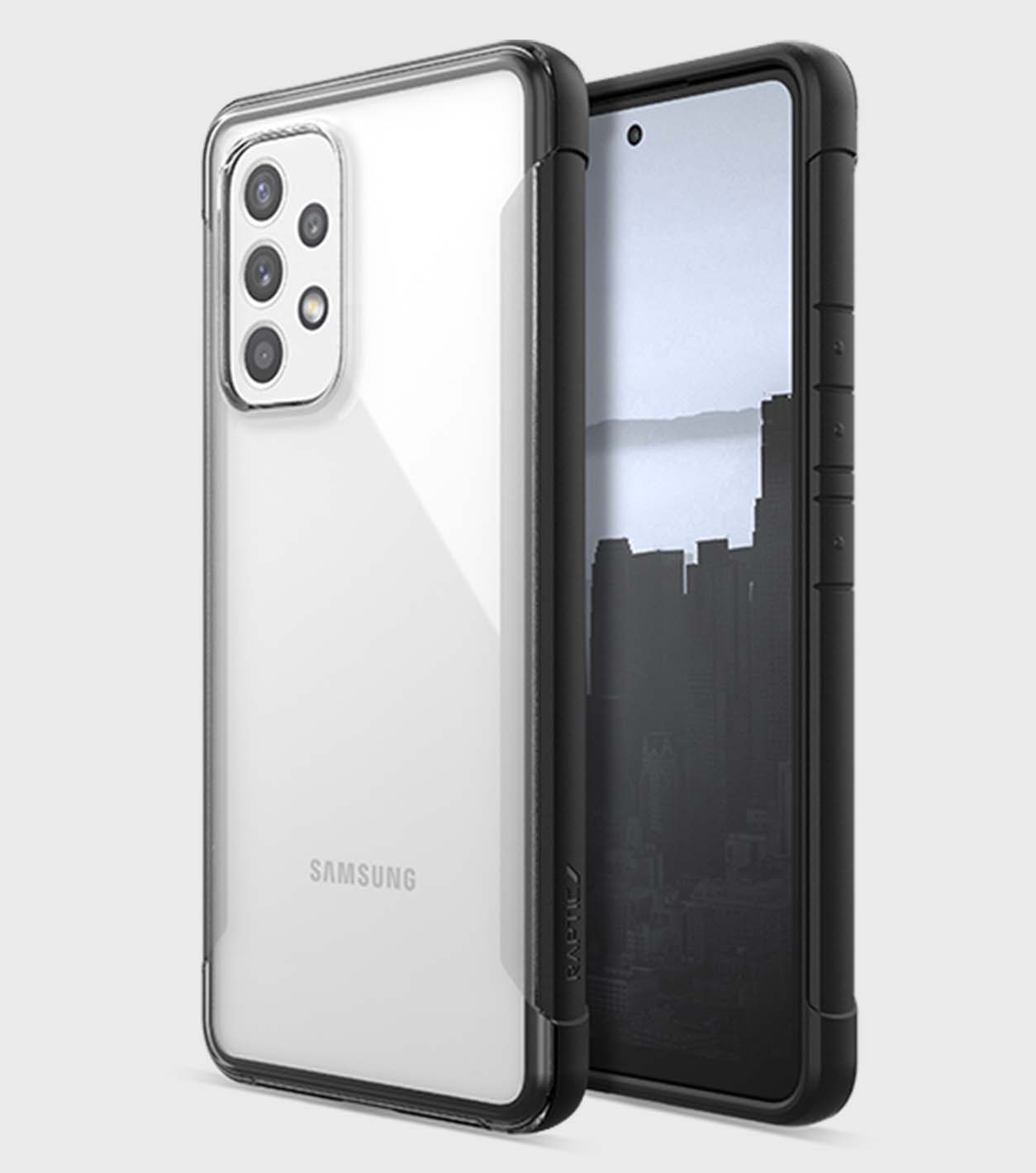 Clear eco-friendly Raptic Earth case on a Samsung Galaxy A53 smartphone with multiple camera lenses.
