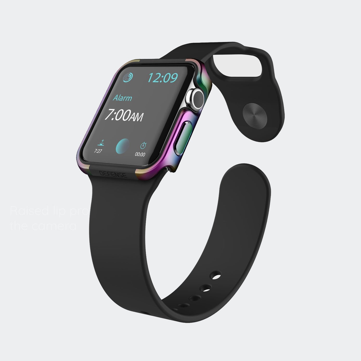 A Raptic Apple Watch 44mm Case - EDGE with a rainbow-colored band and a premium machined anodized aluminum bumper that protects it.