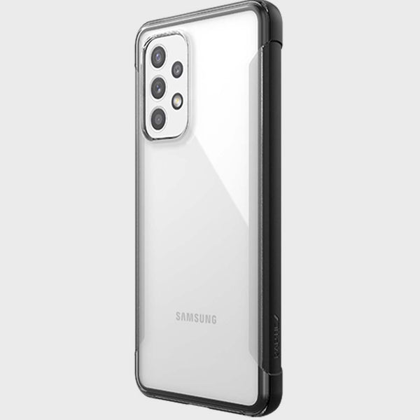 Clear eco-friendly case on a Samsung Galaxy A53 smartphone with a triple camera setup by Raptic Strong.