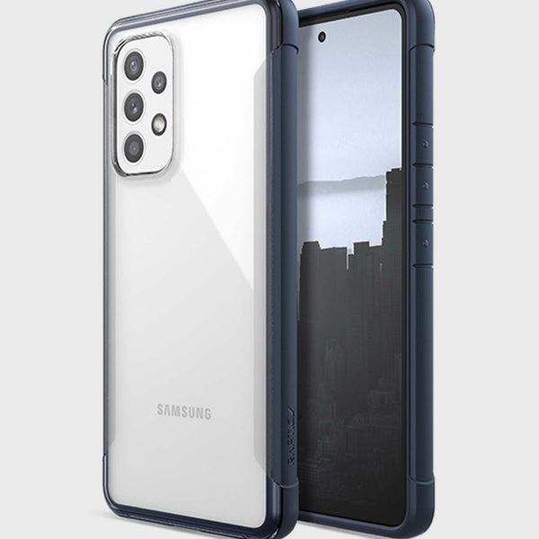 Transparent, eco-friendly Raptic EARTH case on a Samsung Galaxy A53 phone with a triple-camera setup by Raptic Strong.