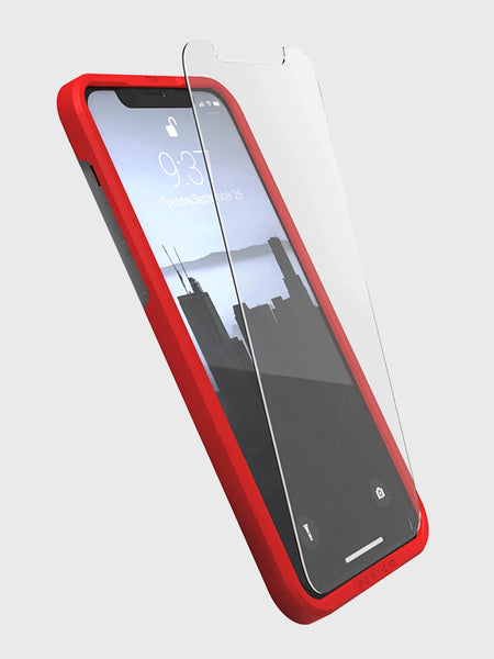 A red Raptic iPhone 13 Screen Protector - Full Coverage case with a tempered glass screen protector for scratch protection.