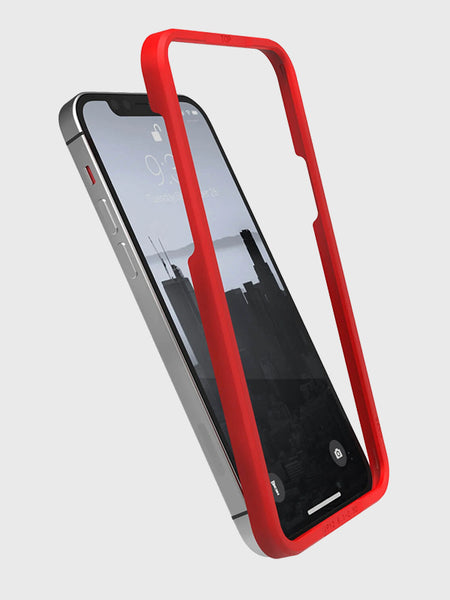 A red iPhone 13 Screen Protector - Full Coverage case with a tempered glass screen protector on a white background, made by Raptic.